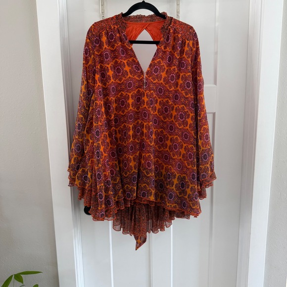 Free People Gabi Printed Tunic Top Orange Purple Open Back XS Boho Belle sleeve - Picture 2 of 8